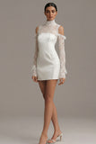 Bodycon High Neck Little White Dress with Lace Long Sleeves