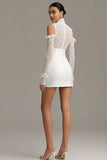Bodycon High Neck Little White Dress with Lace Long Sleeves