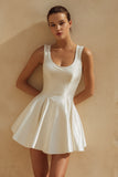 Simple White A-Line Round Neck Mini Satin Graduation Dress