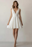 White A-line V-Neck Satin Simple Graduation Dress