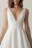 White A-line V-Neck Satin Simple Graduation Dress