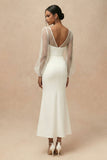 White Sheath Bateau Neck Long Engagement Dress with Long Sleeves