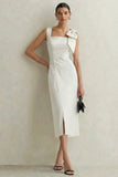 White Square Neck Sheath Midi Bridal Shower Dress with Bow