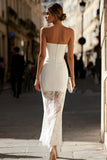 Strapless White Sheath Long Engagement Dress with Lace