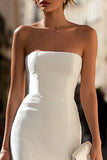 Strapless White Sheath Long Engagement Dress with Lace