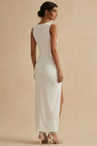 White Sheath Ruched Bateau Neck Long Engagement Dress with Slit