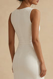 White Sheath Ruched Bateau Neck Long Engagement Dress with Slit