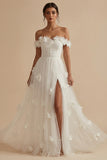 Off the Shoulder White A-Line Corset Engagement Dress with Slit
