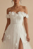 Off the Shoulder White A-Line Corset Engagement Dress with Slit