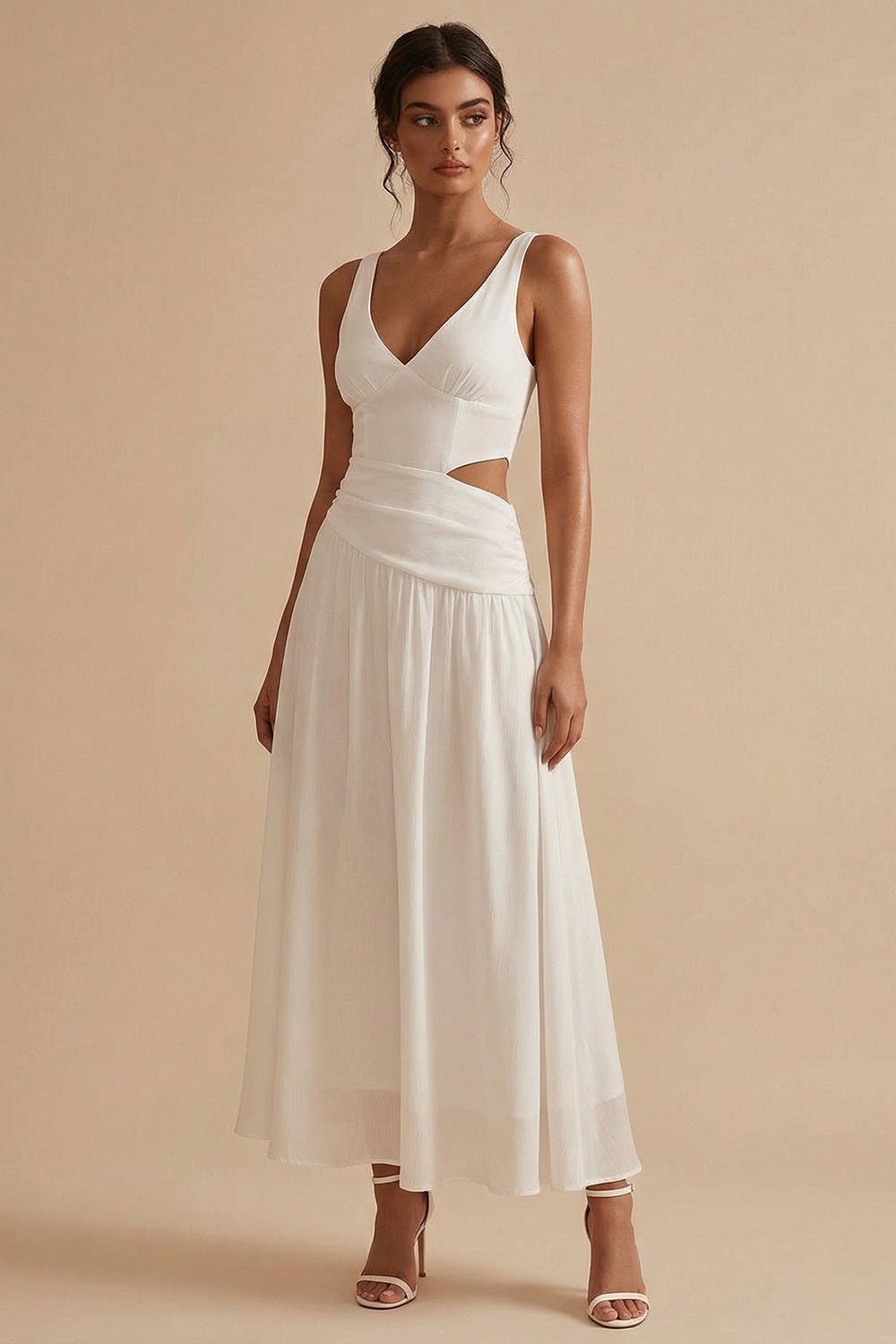 ZAPAKA Women White Long Bridal Shower Dress A-Line V-Neck Cut Out