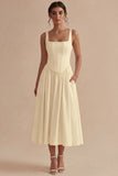 White Square Neck A-Line Corset Long Rehearsal Dinner Dress with Pockets