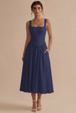 White Square Neck A-Line Corset Long Rehearsal Dinner Dress with Pockets