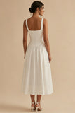 White Square Neck A-Line Corset Long Rehearsal Dinner Dress with Pockets