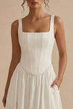White Square Neck A-Line Corset Long Rehearsal Dinner Dress with Pockets