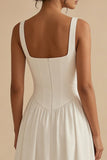 White Square Neck A-Line Corset Long Rehearsal Dinner Dress with Pockets