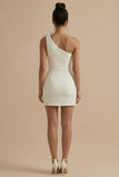 One Shoulder Bodycon Little White Dress with 3D Flowers