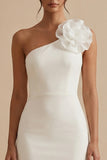 One Shoulder Bodycon Little White Dress with 3D Flowers