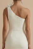 One Shoulder Bodycon Little White Dress with 3D Flowers