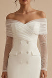 Off the Shoulder Double Breasted Bodycon Little White Dress with Long Sleeves