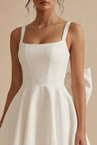 Satin A-Line Square Neck Little White Dress with Large Bow