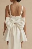 Satin A-Line Square Neck Little White Dress with Large Bow