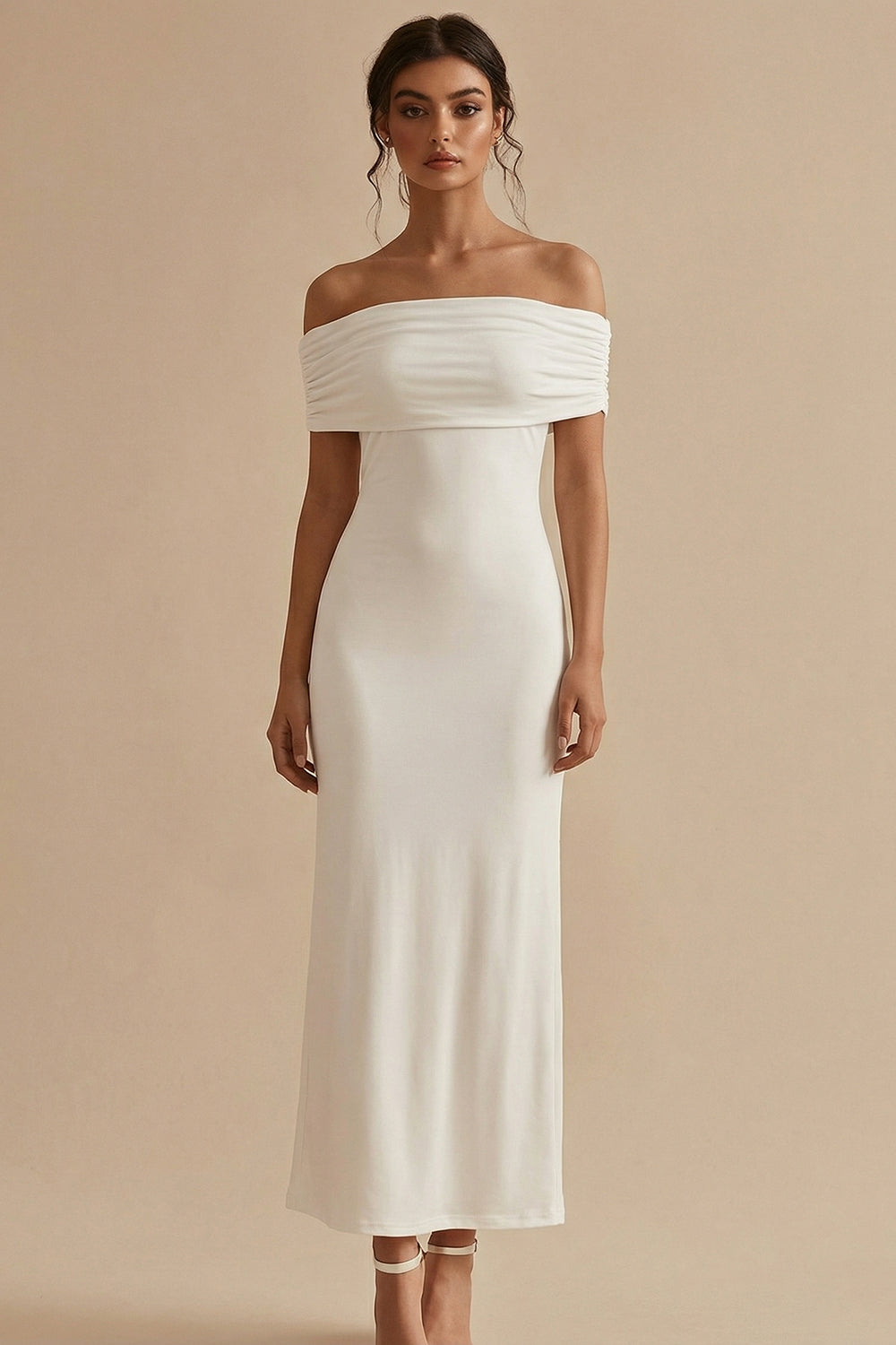 ZAPAKA Women White Long Engagement Dress Off the Shoulder Sheath Satin
