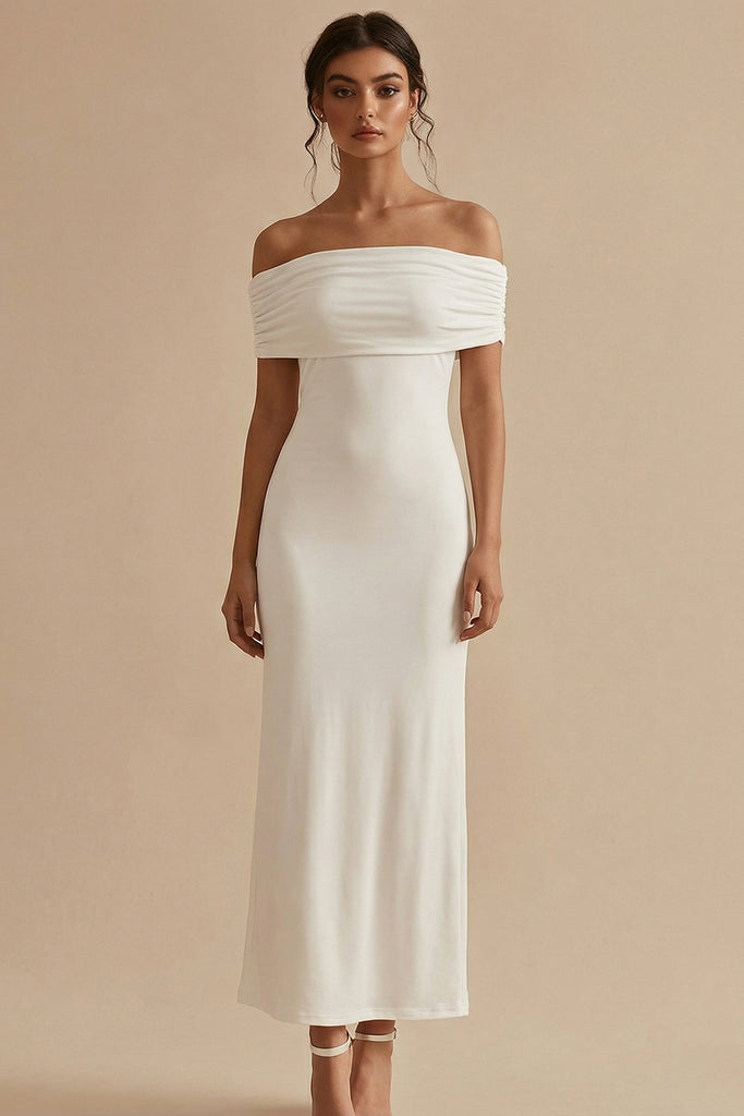 ZAPAKA Women White Long Engagement Dress Off the Shoulder Sheath Satin