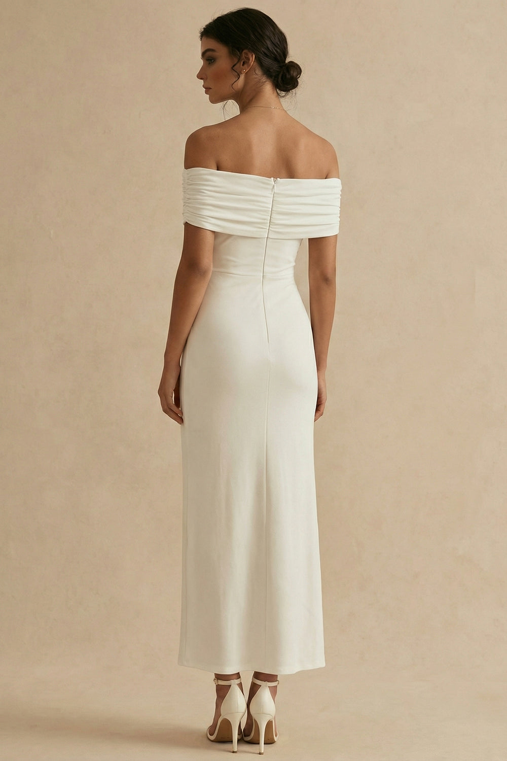 ZAPAKA Women White Long Engagement Dress Off the Shoulder Sheath Satin