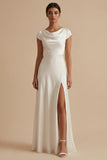 White Cowl Neck Sheath Long Rehearsal Dinner Dress with Slit