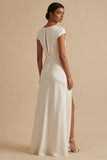 A-Line Cowl Neck Long Satin Short Sleeves Maxi White Dress with Slit