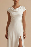 White Cowl Neck Sheath Long Rehearsal Dinner Dress with Slit