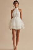 Halter White Ruffled A-Line Graduation Dress