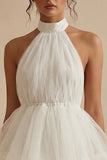 A-Line Halter Neck Mini Tulle Tiered Ruffles Little White Dress