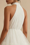 Halter White Ruffled A-Line Graduation Dress