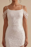 Sparkly White Sheath Cold Shoulder Long Bridal Shower with Sequins