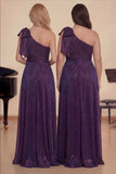 Purple One Shoulder A-Line Long Glitter Choir Dress with Bow