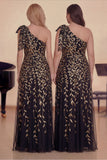 One Shoulder Black Gold A-Line Long Sequin Choir Dress with Bow