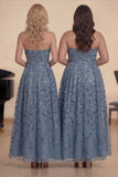 Strapless A Line Dusty Blue Sequins Long Choir Dress