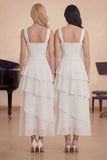 White Ruffled A-Line Chiffon Square Neck Choir Dress with 3D Flower
