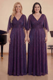 Purple A-Line V-Neck Glitter Long Choir Dress
