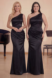 Black Mermaid One Shoulder Ruched Satin Long Choir Dress