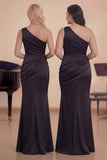 Black Mermaid One Shoulder Ruched Satin Long Choir Dress