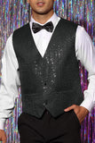 Sparkly Black Single Breasted V-Neck Men's Suit Vest with Sequins