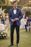 3 Piece Blue One Button Shawl Lapel Jacquard Men's Prom Suits