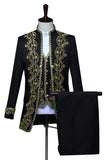 Baroque-Style Black Floral Embroidered Stand-Collar Men's 3-Piece Suit