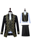 Baroque-Style Black Floral Embroidered Stand-Collar Men's 3-Piece Suit