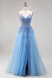 Blue Tulle Corset A-Line Sweetheart Appliqued Long Prom Dress with Slit