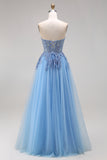 Blue Tulle Corset A-Line Sweetheart Appliqued Long Prom Dress with Slit