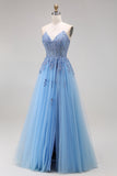 Blue Tulle Corset A-Line Sweetheart Appliqued Long Prom Dress with Slit
