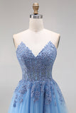 Blue Tulle Corset A-Line Sweetheart Appliqued Long Prom Dress with Slit
